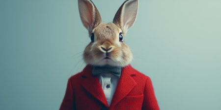 A charming rabbit in a red suit is ready for Easter against a white background.の素材