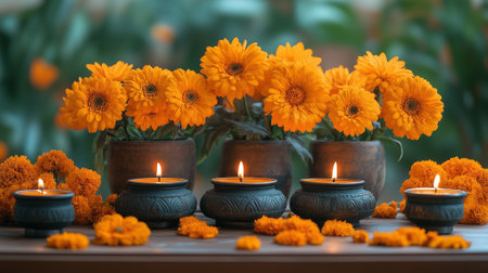 Colorful puja table with diya and flowers Basanta Panchamiの素材