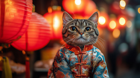 A cat wears a small traditional outfit while surrounded by vibrant lanterns for Chinese New Year copy spaceの素材