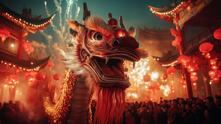 Colorful dragon dance performance captivates the crowd during Chinese New Year celebrations copy spaceの素材