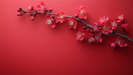 A peach blossom branch with vibrant flowers symbolizes prosperity on a red backdrop copy spaceの素材