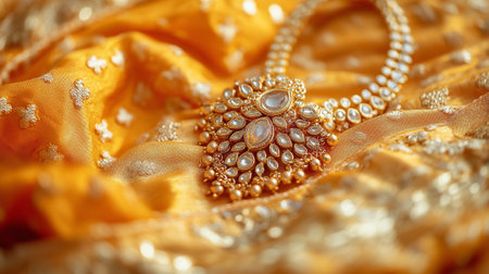 Close-up of vibrant jewelry on fabric Basanta Panchamiの素材