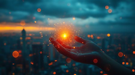 A hand raises a Malaysian flag amidst a twilight sky, symbolizing Candlemas festivities copy spaceの素材