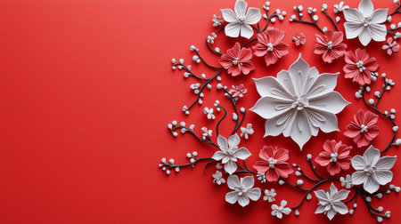 Colorful calligraphy piece adorned with flowers, symbolizing prosperity for the New Year copy spaceの素材