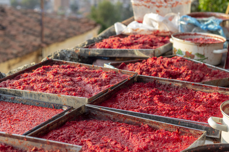 Perspective traditional handmade tomato and pepper paste making process at sunset timeの写真素材