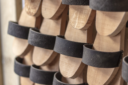 Perspective close-up traditional wooden slipper shot at Izmir in Turkeyの写真素材
