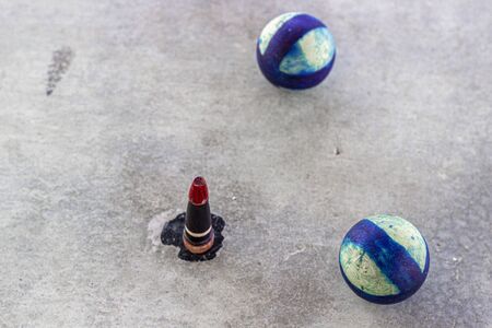 Close-up shoot of traditional turkish game tool and wooden handmade blue colored ballsの写真素材