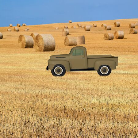 brown pick up with chaff front of the red house 3d modellingの写真素材