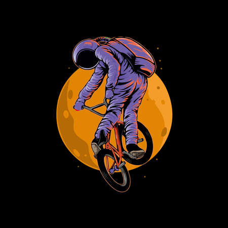 astronaut riding a bike black font and yellow moonのイラスト素材