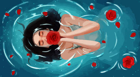 woman in the lake with roseの写真素材