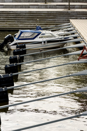 modern boats at pier. Boats on canal in Stockholm, Swedenの写真素材