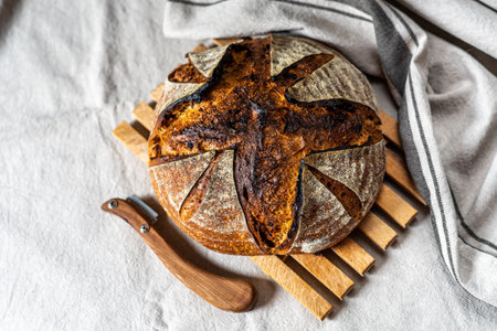 Home baked sourdough bread. Fresh, homemade sourdough bread.の写真素材