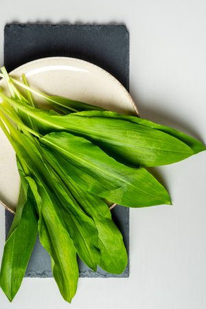 Wild garlic. Wild garlic on a plate.の写真素材