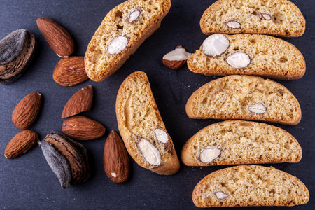 Closeup of freshly baked Italian almond cantuccini biscuitsの写真素材