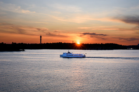Scenic view of lake against sky at sunset, Nacka, Stockholm, Swedenの写真素材
