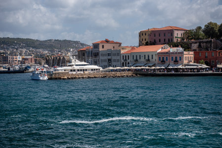 Bay of Chania at sunny summer day.. Beautiful venetian port of Chania, Crete island, Greece. Bay of...