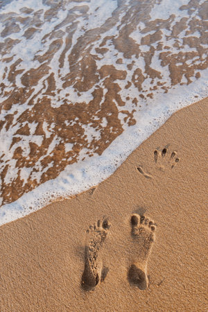 Hand and footprints in the sand on the beach at sunset.の写真素材