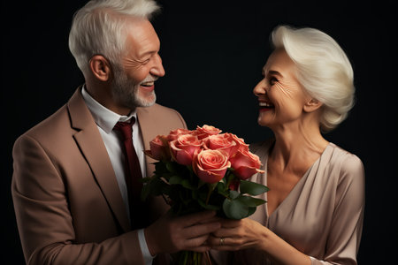 Middle-aged man giving red roses to woman on Valentines Day. They are smiling.の素材