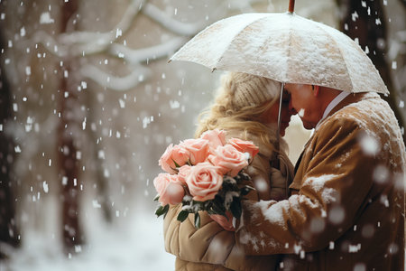 Snowy Valentines Day. Middle-aged man surprises his wife with red roses and a loving embraceの素材