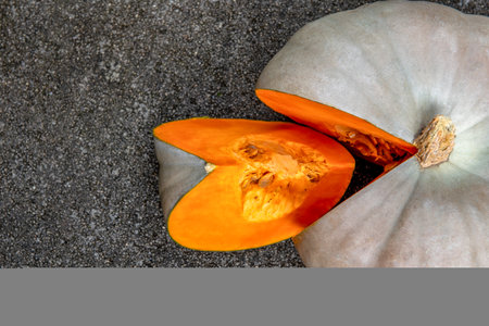 Slice of pumpkin and big pumpkin on concrete background.の写真素材