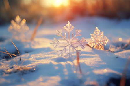 Beautiful snowflakes on the snow. sunlight in the winter snowy forest.の素材