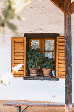 Old window with wooden frames, shutters and flowers. Fragment of the facade of an old building.の写真素材