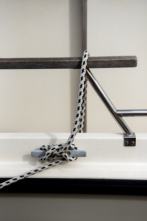 Equipment detail on a sailboat. Rope with marine knot. Sailor knot, boat rope.