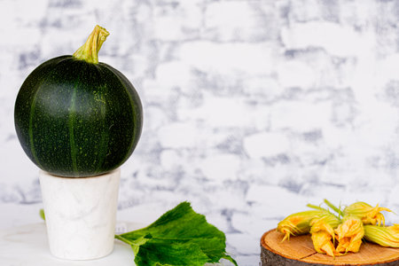 organic round green courgettes zucchini and yellow flower on gray rustic background, copy space.の写真素材