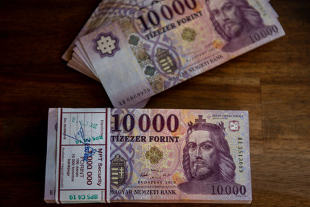 Stack of the 10,000 HUF banknotes. Hungarian forint. Stacks of 10,000 HUF notes tied with paper...