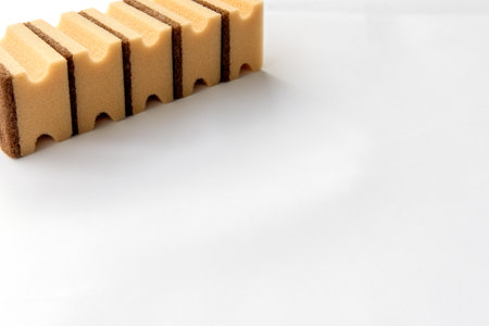 five dishes of yellow sponges on the white background. copy spaceの写真素材