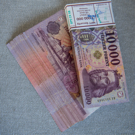 Hungarian forint, 10,000 HUF banknotes on gray background.の写真素材
