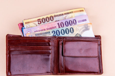 Hungarian HUF banknotes in brown leather walletの写真素材