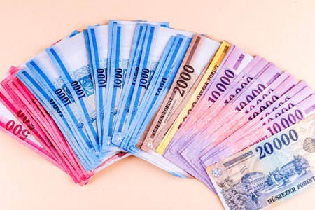 Hungarian HUF banknotes spread out on a yellow backgroundの写真素材