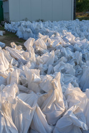 A sack is filled with sand to be used as a wall to prevent flooding in urban areas.の写真素材