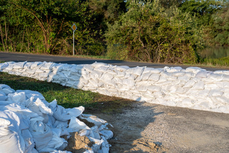 A sack is filled with sand to be used as a wall to prevent flooding in urban areas.の写真素材