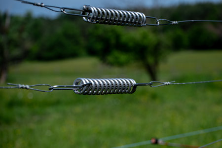 Close-up of metal spring tensioners on a wire fence with wildflowers and grass in the background,...