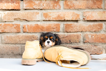 The tricolor cavalier king charles spaniel puppy in garden.の写真素材