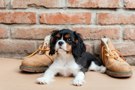 The tricolor cavalier king charles spaniel puppy in garden.の写真素材
