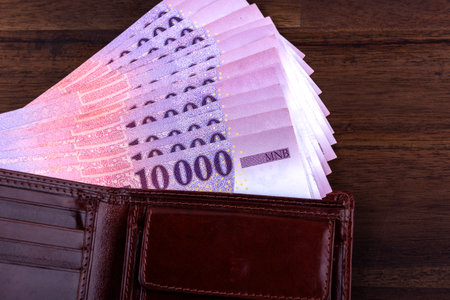 Hungarian HUF 10,000 banknotes in brown leather wallet on a brown table