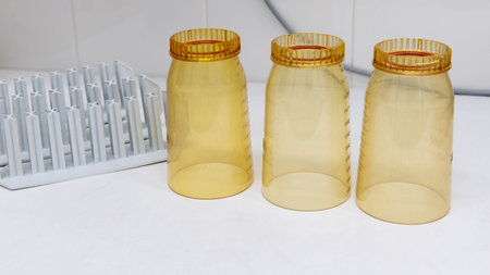 plastic laboratory funnels and used for water filtration and environmental testing, arranged on...