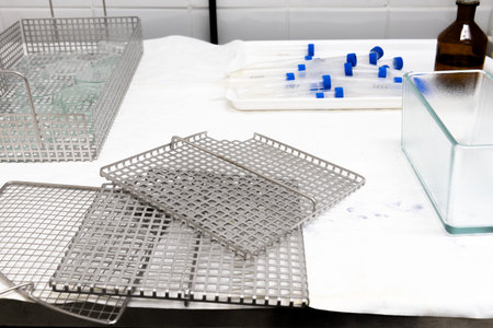 set of plastic laboratory sample tubes placed on a clean laboratory bench.の写真素材