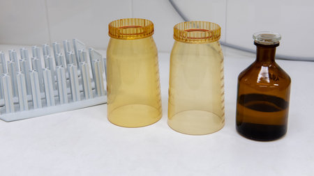 plastic laboratory funnels and used for water filtration and environmental testing, arranged on...