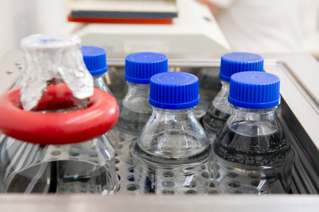 Laboratory bottles with liquid samples placed in an incubator for microbiological analysis. The...