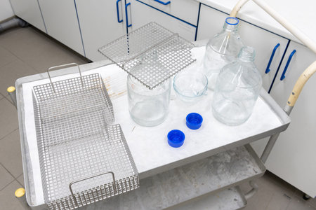 laboratory dishwasher accessories, baskets and various laboratory glassware