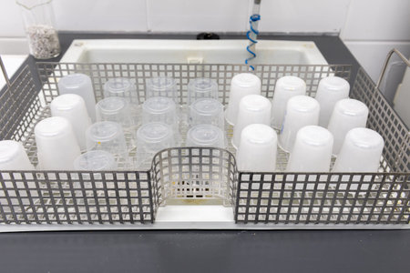 laboratory dishwasher accessories. metal basket with plastic beakers