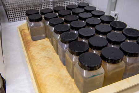 Laboratory equipment. Plastic beakers with black cap on plastic tray.