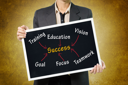 Business woman writing success concept by goal, vision, teamwork, focus, training, in Black chalkboard on wall Background.の写真素材