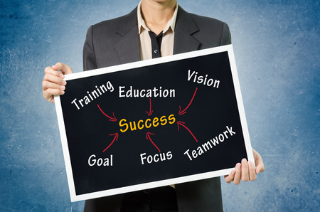 Business woman writing success concept by goal, vision, teamwork, focus, training, in Black chalkboard on wall Background.の写真素材