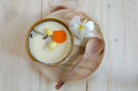 top view steamed egg on wood backgroundの写真素材