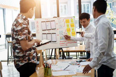 Website designer creative Graphic meeting for planning of application mobile phone. User experience...